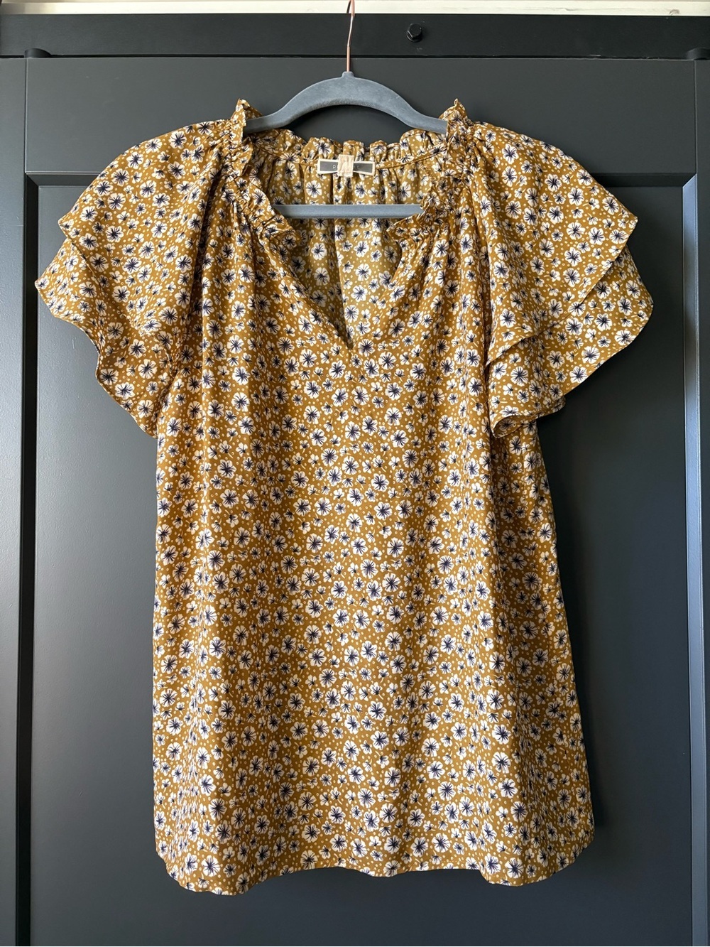 Pleione Mustard Floral Ruffle Sleeve Blouse